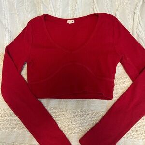 Garage Red Ribbed Long-Sleeve V-Neck Cropped Top